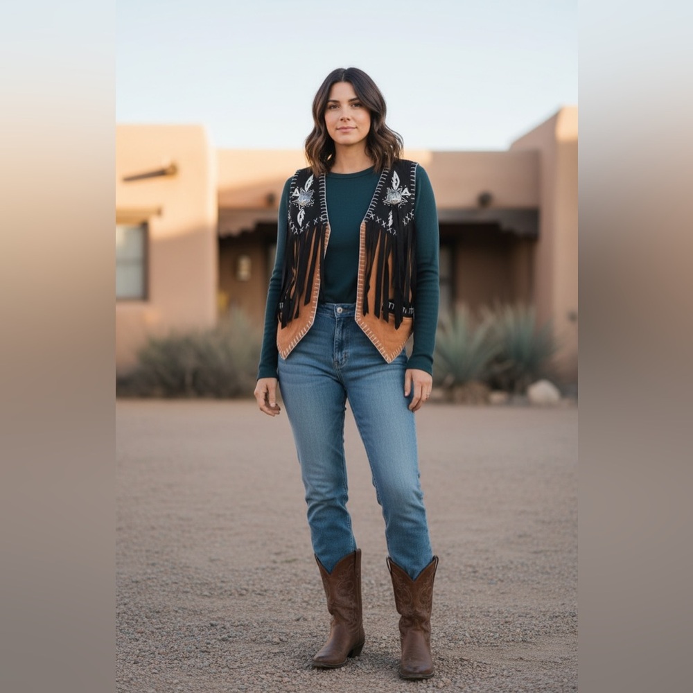 Vintage Jou Jou Black and Brown Vest with Fringe